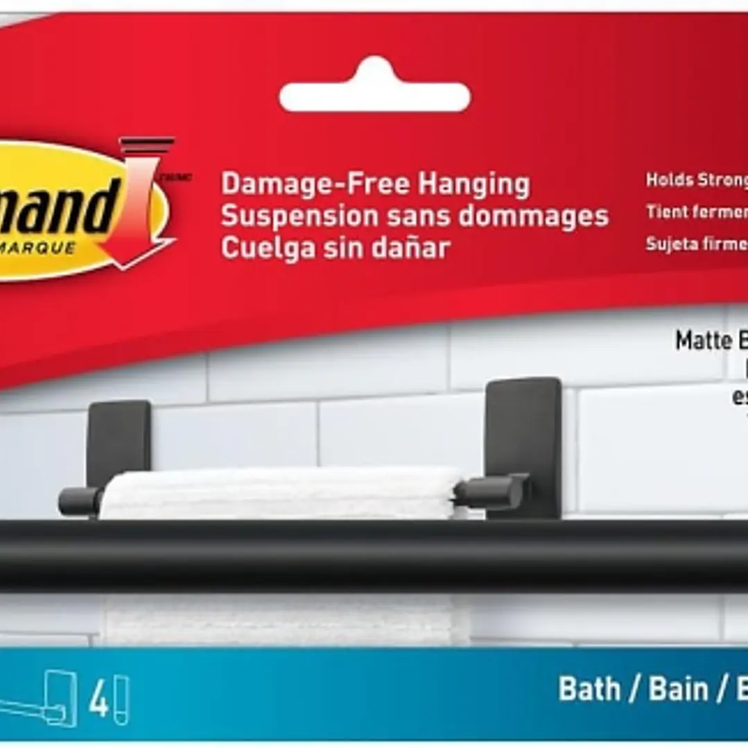 Command Toallero para Aseo - Soporta hasta 1.3kg - Incluye 4 Tiras Adhesivas - Resistente al Agua y Oxido - Color Negro 1