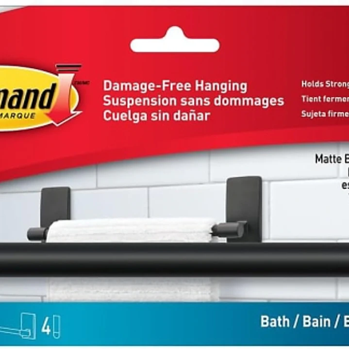 Command Toallero para Aseo - Soporta hasta 1.3kg - Incluye 4 Tiras Adhesivas - Resistente al Agua y Oxido - Color Negro 1