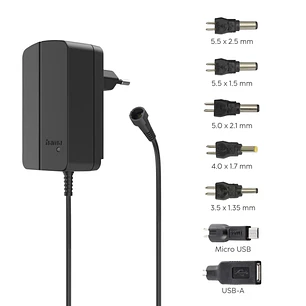 Hama Fuente de Alimentacion Multidispositivo - Potencia 18W - Voltaje 12V - Indicador LED - 7 Adaptadores - Intensidad Maxima 1.5A - Voltaje Ajustable