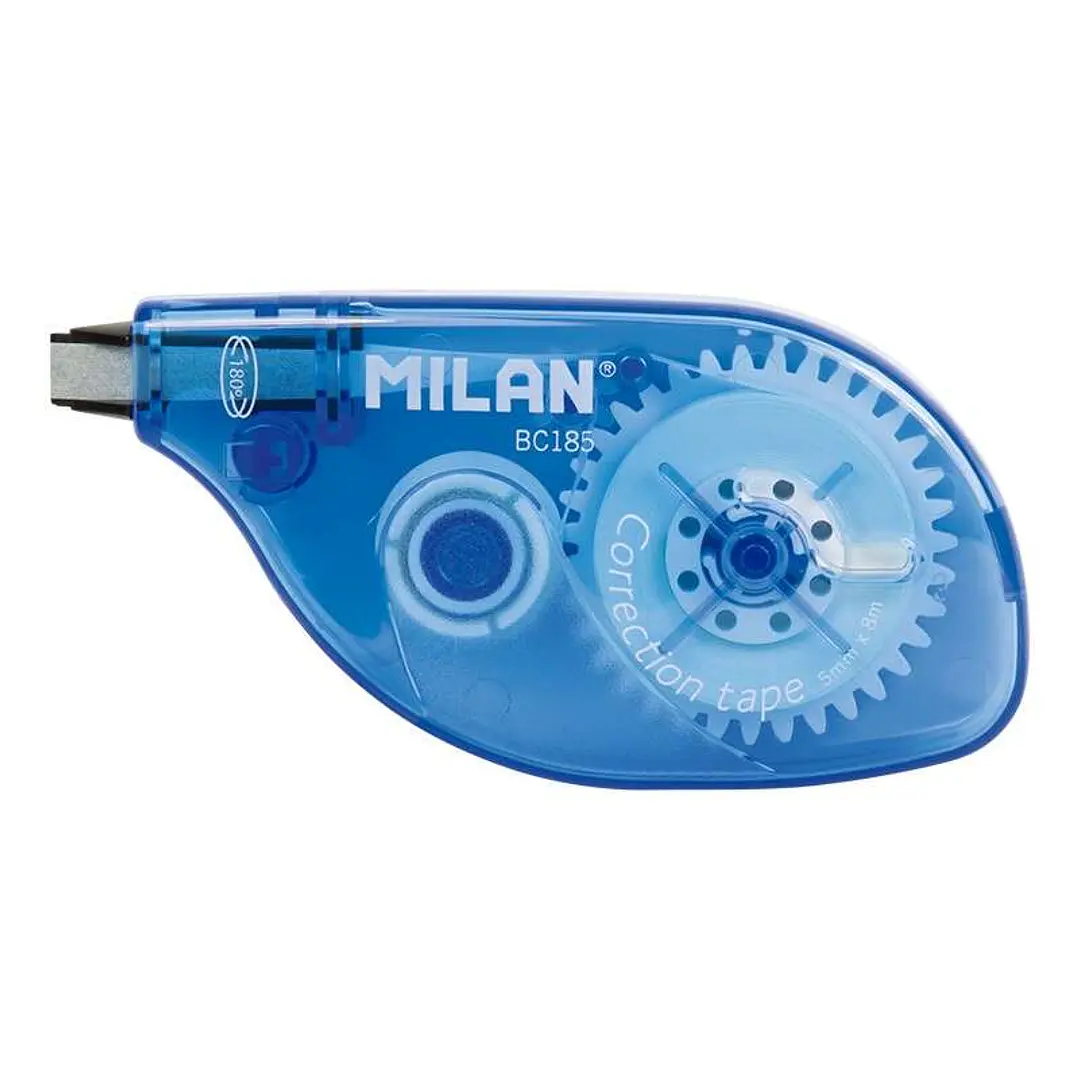 Milan Cinta Correctora 5mm x 8m - Correcion en Seco - Apta para Zurdos Gracias a la Rotacion de 180º de su Punta - Para todo Tipo de Papel - Cuerpo Az 1