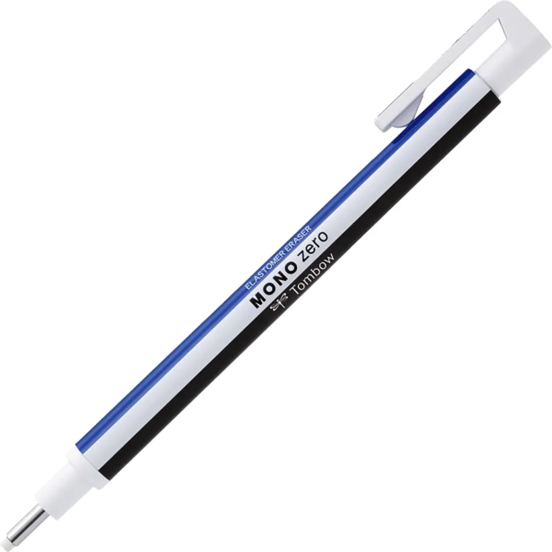 Tombow Mono Zero Portagomas - Punta Redonda de 2.3mm - Capuchon de Proteccion - Mecanismo de Giro - Libre de PVC y Latex - Color Blanco, Azul y Negro 1