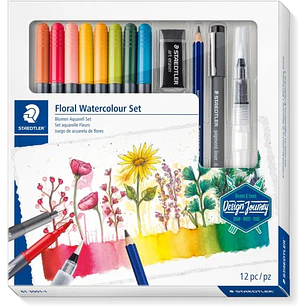 Staedtler Floral Watercolour Set Design Journey Pack con 8 Rotuladores Acuarelables Doble Punta en Colores Surtidos, 1 Rotulador Pigment Liner Negro, 