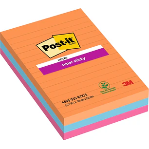 Post-It Super Sticky Pack de 3 Blocs de 90 Notas Adhesivas Reposicionables - Forma Rectangular - 101x101mm - Colores Surtidos