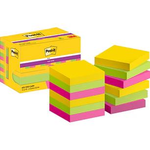 Post-It Super Sticky Pack de 12 Blocs de 90 Notas Adhesivas Reposicionables  47.6x47.6mm - Forma Cuadrada - Caja Dispensadora - Colores Surtidos