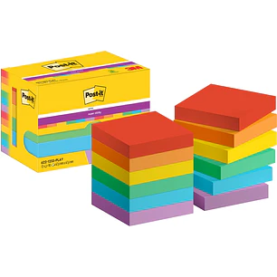 Post-It Super Sticky Pack de 12 Blocs de 90 Notas Adhesivas Reposicionables - Forma Cuadrada - 47.6x47.6mm - Colores Surtidos