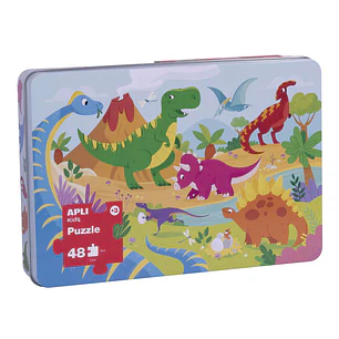 Apli Kids Puzle Dinosaurios - 48 Piezas de 5.5x6cm - Caja Metalica Rectangular - Diseño Exclusivo Infantil, Colorido, Claro y Simple - Piezas Resisten
