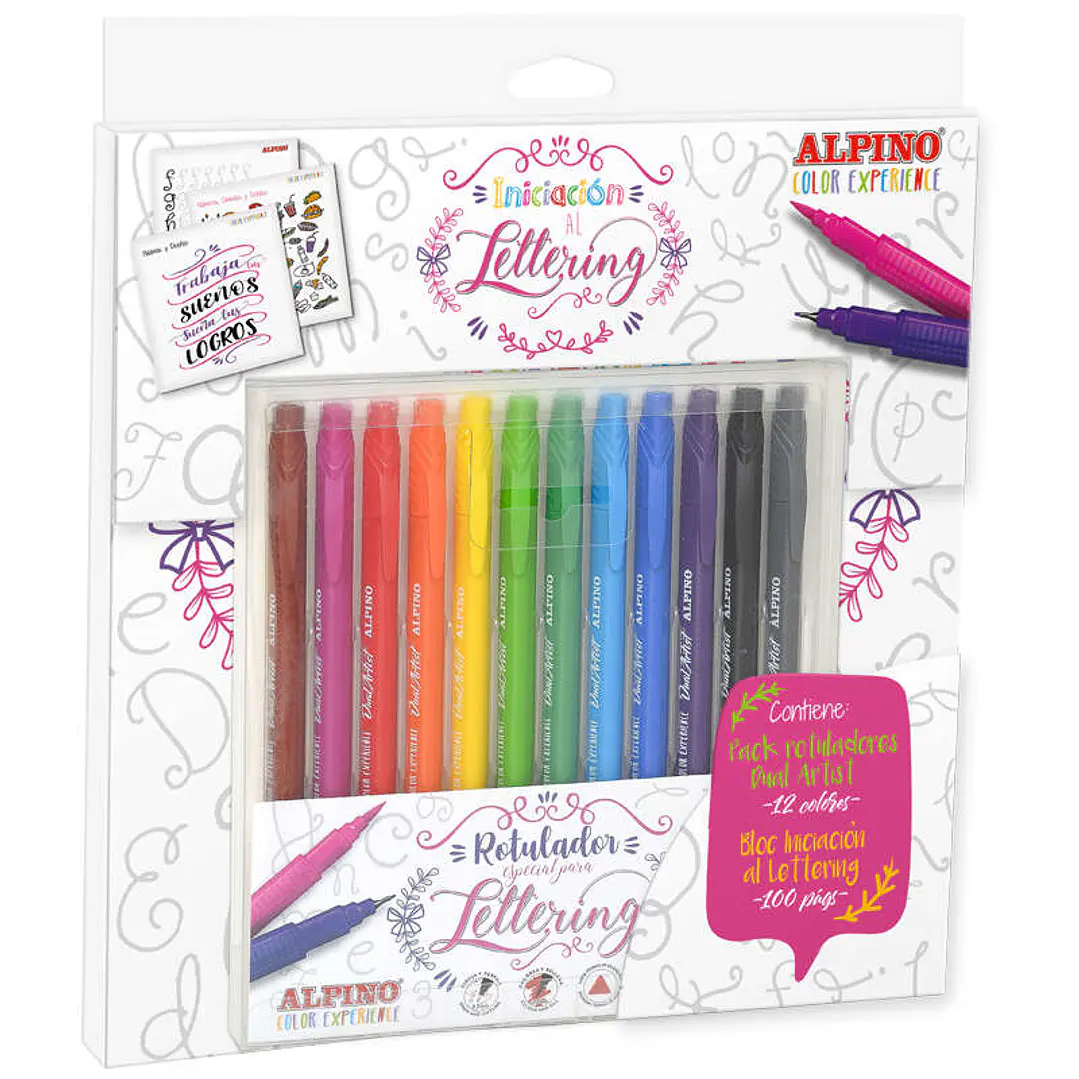 Alpino Color Experience Pack de 12 Rotuladores Dual Artist + Libro Guia de Iniciacion al Lettering - Doble punta (Fina 0,7mm y Pincel de 2,9mm) - Colo 1