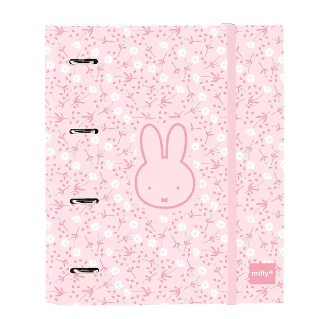 Safta Miffy Flores Carpeta con 4 Anillas 35mm - Tapas Duras Forradas - Recambio 100 Hojas - Cierre Elastico - Cuadricula 5x5mm - Gramaje de 80g/m2 - 2 1