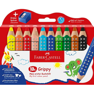 Faber-Castell Grippy Pack con 10 Lapices de Colores Gruesos Mina XXL Suave + Sacapuntas - Forma Triangular con Grip - Colores Surtidos