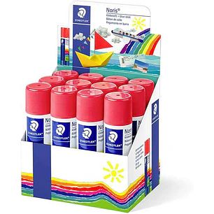 Staedtler Noris Expositor de 12 Barras de Pegamento 40gr - Sin Disolventes - Uso Escolar - Pega Papel, Cartulina, Tejido etc