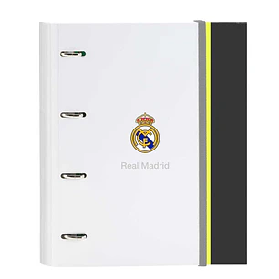 Safta Real Madrid Carpeta de 4 Anillas - Tapas Duras Forradas - Lomo de 35mm - Incluye 100 Hojas A4 con Cuadriculada 5X5mm - 27x32x3.5cm - Color Blanc