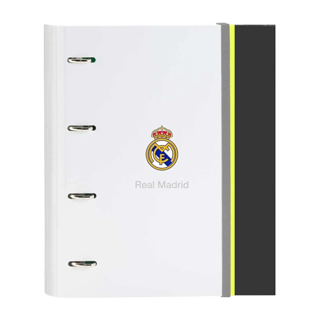 Safta Real Madrid Carpeta de 4 Anillas - Tapas Duras Forradas - Lomo de 35mm - Incluye 100 Hojas A4 con Cuadriculada 5X5mm - 27x32x3.5cm - Color Blanc 1