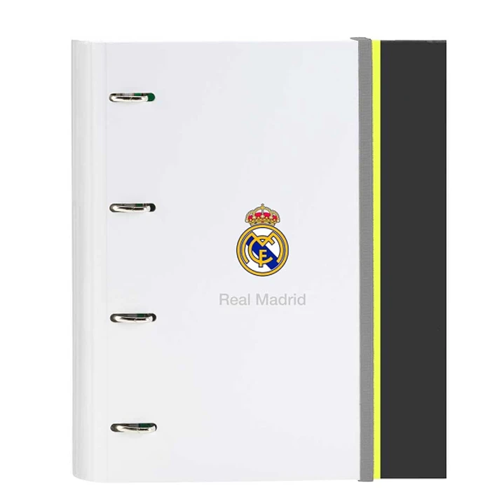 Safta Real Madrid Carpeta de 4 Anillas - Tapas Duras Forradas - Lomo de 35mm - Incluye 100 Hojas A4 con Cuadriculada 5X5mm - 27x32x3.5cm - Color Blanc 1