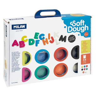Milan Soft Dough Pack de 8 Botes de Pasta Blanda - Maletin con Herramientas - 59g por Unidad - 100% Vegetal - Moldeable - Sin Residuos - Colores Mezcl