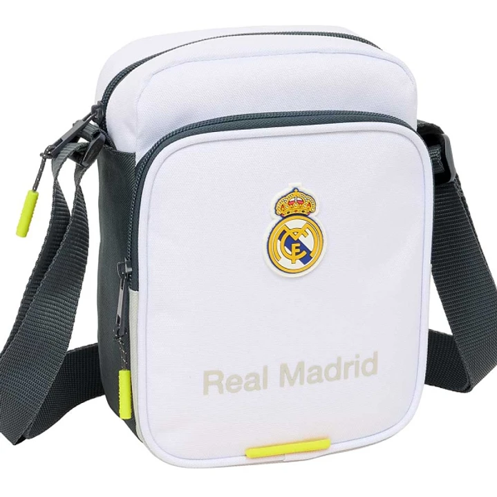 Safta Real Madrid Bandolera de 2L - Ajustable - Bolsillo Trasero con Velcro - Cierre con Cremallera - 16x22x6cm - Color Blanco y Negro 1