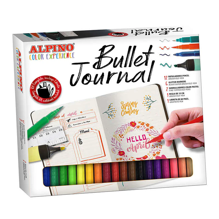 Alpino Color Experience Kit Bullet Journal con 12 Rotuladores Doble Punta (0.7mm y 2.9mm) - 2 Marcadores Pastel - 6 Rotuladores con Efecto Purpurina - 1