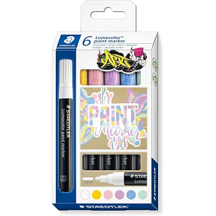 Staedtler Lumocolor 349 Pack con 6 Marcadores Acrilicos Permanentes - Trazo 2.4 mm aprox. - Tinta Base de Agua - Colores Pastel Surtidos