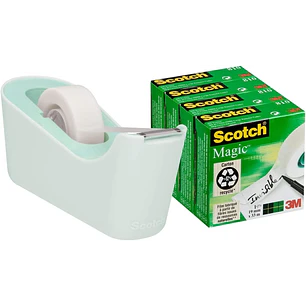 Scotch C18 Pack de Dispensador de Cinta Adhesiva + 4 Cintas Adhesivas Scotch Magic - Para Cintas de hasta 19mm x 33m - Color Verde Menta