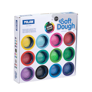 Milan Soft Dough Pack de 16 Botes de Pasta Blanda - 8 Basicos - 4 Neon - 4 Glitter o Purpurina - 30g por Unidad - 100% Vegetal - Moldeable - Sin Resid
