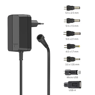 Hama Fuente de Alimentacion Multidispositivo - Potencia 12W - Indicador LED - 7 Adaptadores - Intensidad Maxima 1A - Voltaje Ajustable - Color Negro