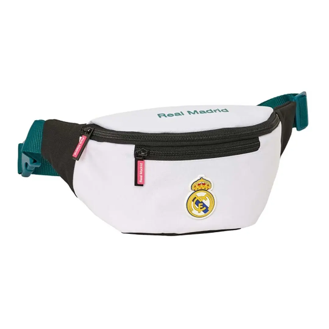 Safta Real Madrid Equipacion 26/27 Bolsa de Cintura - Cremallera - Cintas Ajustables - Cierre de PVC - Bolsillo Frontal - 23x12x9cm - Color Blanco y N 1