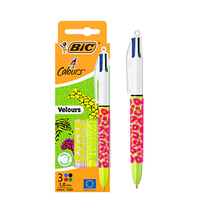 Bic 4 Colours Velours Pack con 3 Boligrafo de Bola Retractil - Punta Media de 1.0mm - Tinta con Base de Aceite - Cuerpo con Relieve Suave al Tacto - 4