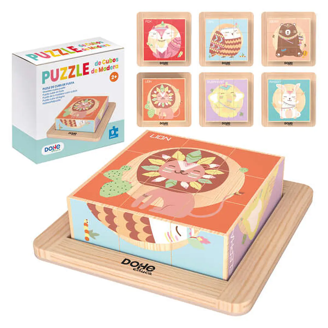 Dohe Puzzle de Bloques de Madera Natural - Bordes Redondos - Motivos Animales - Estimula la Coordinacion Ojo-Mano - Fomenta la Imaginacion - Aprende J 1
