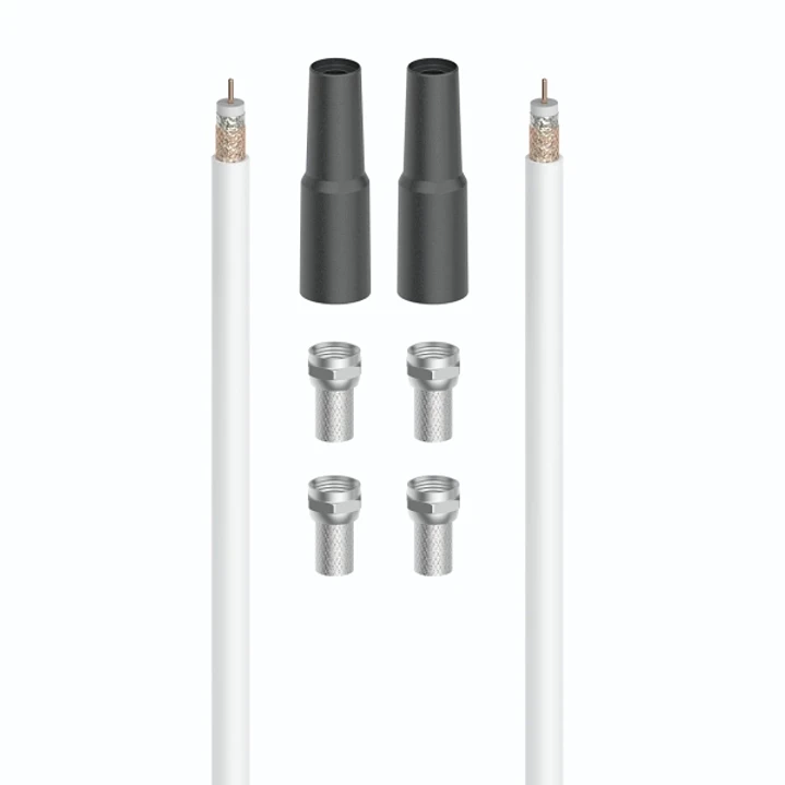 Hama Essential Set de Conexion Satelital con 7 Piezas - Cable Coaxial de 20m - Conector F x4 - 2 Fundas de Proteccion Climatica - Apantallamiento 100d 1
