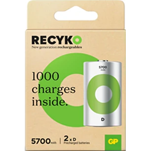 GP ReCyko Pack de 2 Pilas Recargables 5700mAh D 1.2V - Precargadas - Ciclo de Vida: Hasta 1000 Veces