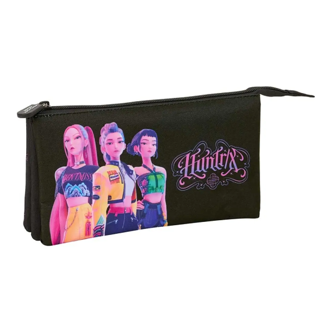 Safta K-Pop Demon Hunters Portatodo - 3 Compartimentos con Cremallera - Bolsillo Interior Central - 22x12x3cm - Color Negro 1