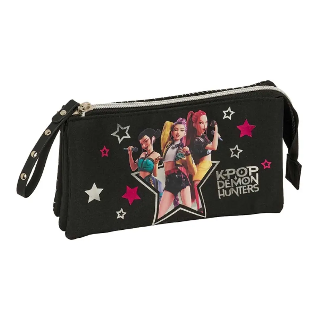 Safta K-Pop Demon Hunters Energy Portatodo - 3 Compartimentos con Cremallera - Bolsillo Interior Central - 22x12x3cm - Color Negro 1