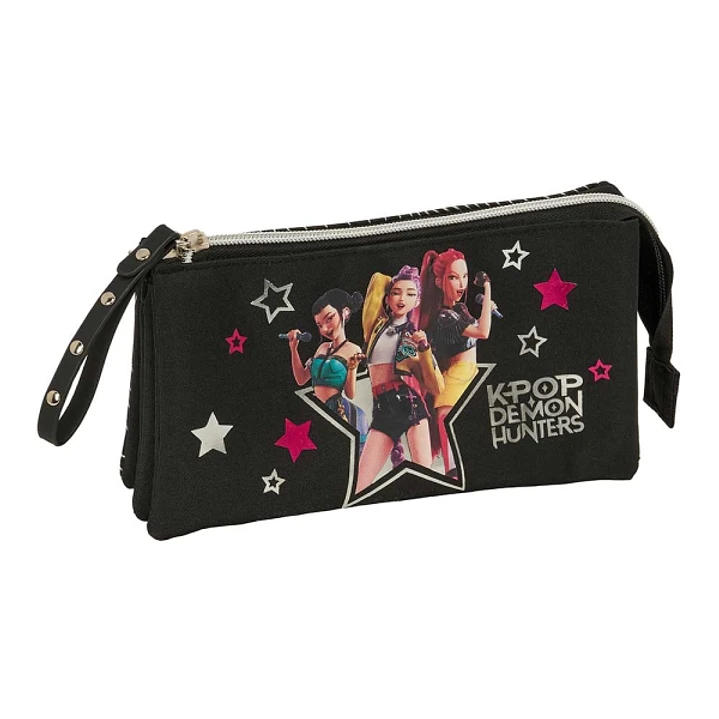 Safta K-Pop Demon Hunters Energy Portatodo - 3 Compartimentos con Cremallera - Bolsillo Interior Central - 22x12x3cm - Color Negro 1