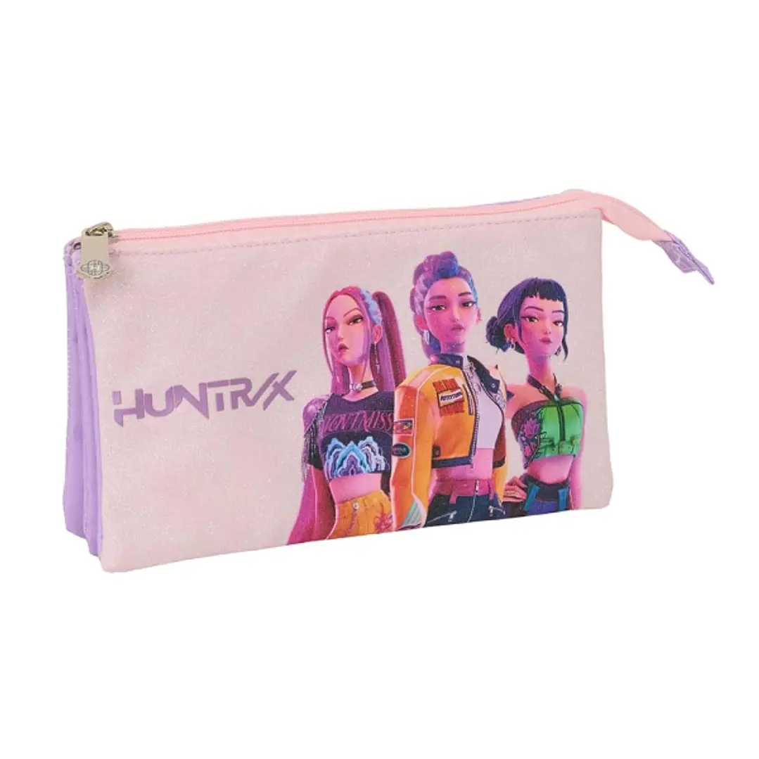 Safta K-Pop Demon Hunters Iconic Portatodo - 3 Compartimentos con Cremallera - Bolsillo Interior Central - 22x12x3cm - Color Lavanda 1