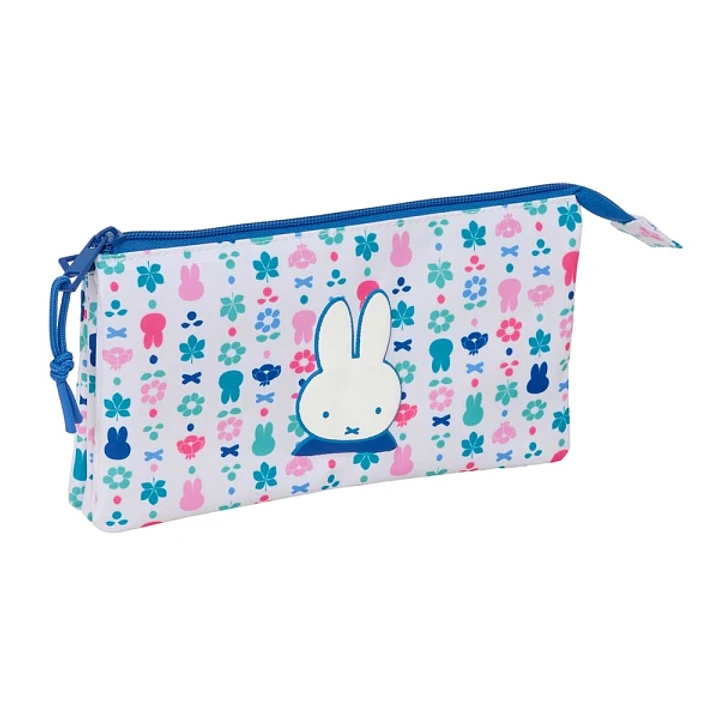 Safta Miffy Bunny Portatodo - 3 Compartimentos con Cremallera - Bolsillo Interior Central - 22x12x3cm - Color Blanco y Azul 1