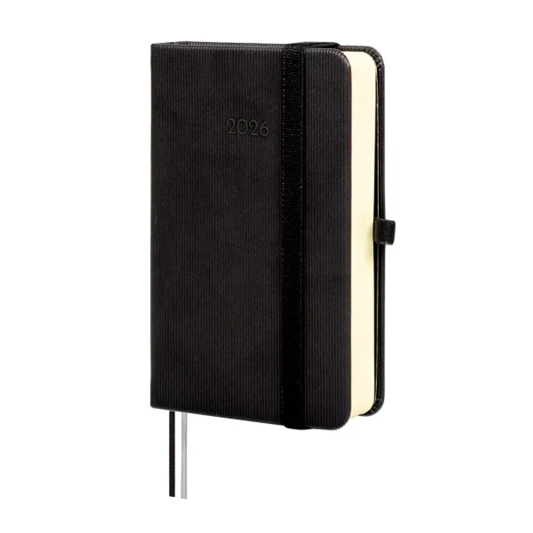 Finocam Minimal Textura Agenda - Anual 2026 - Tapa Dura - Cierre con Goma Elastica - Formato M2 - 86x27x132mm - 1 Dia por Pagina - Color Negro 1