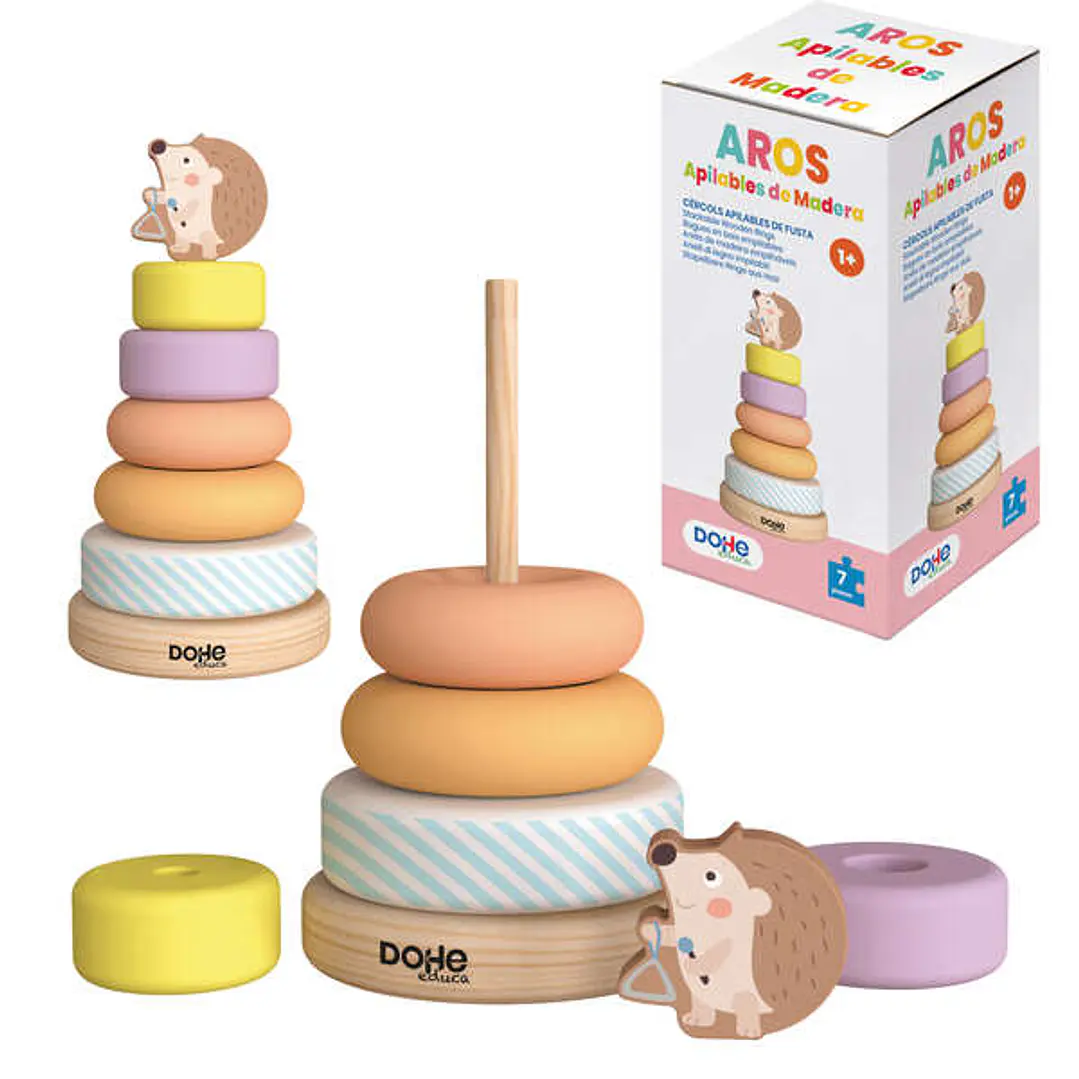 Dohe Juego Educativo de Aros Apilables de Madera Natural - Bordes Redondos - Varilla de Seguridad - Estimula la Coordinacion Ojo-Mano - Fomenta la Hab 1
