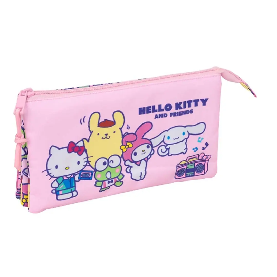 Safta Hello Kitty and Friends Portatodo - 3 Compartimentos con Cremallera - Bolsillo Interior Central - 22x12x3cm - Color Rosa 1