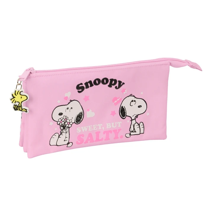 Safta Snoopy Portatodo - 3 Compartimentos con Cremallera - Bolsillo Interior Central - 22x12x3cm - Color Rosa 1
