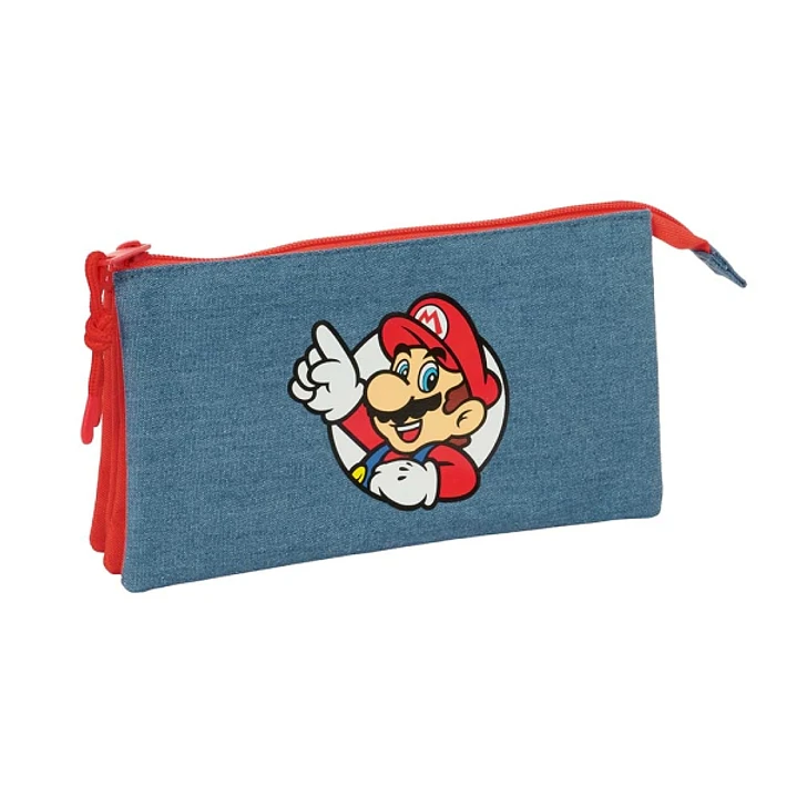 Safta Super Mario Portatodo - 3 Compartimentos con Cremallera - Bolsillo Interior Central - 22x12x3cm - Color Rojo y Azul 1