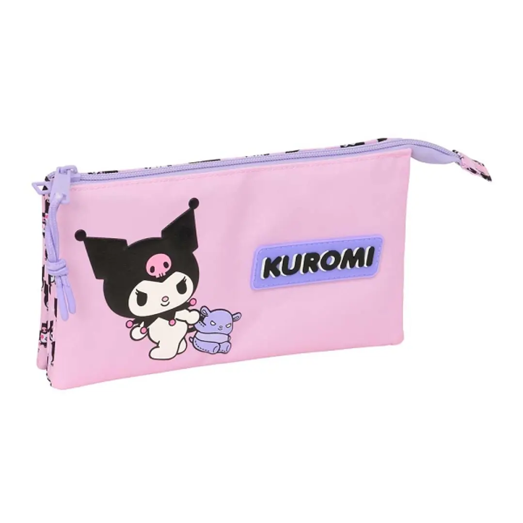 Safta Kuromi Portatodo - 3 Compartimentos con Cremallera - Bolsillo Interior Central - 22x12x3cm - Color Rosa 1