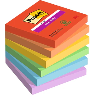 Post-It Super Sticky Pack de 6 Blocs de 90 Notas Adhesivas Reposicionables - Forma Cuadrada - 76x76mm - Colores Surtidos