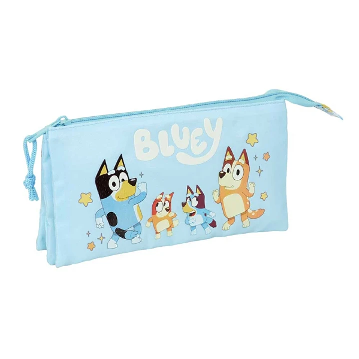 Safta Bluey Ready Portatodo - 3 Compartimentos con Cremallera - Bolsillo Interior Central - 22x12x3cm - Color Azul Pastel 1