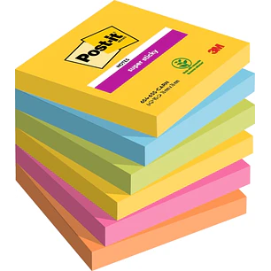 Post-It Super Sticky Pack de 6 Blocs de 90 Notas Adhesivas Reposicionables - Forma Cuadrada - 76x76mm - Colores Surtidos