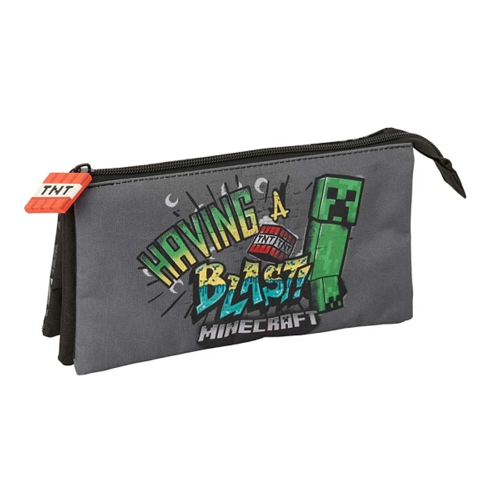 Safta Minecraft Graffiti Portatodo - 3 Compartimentos con Cremallera - Bolsillo Interior Central - 22x12x3cm - Color Gris 1