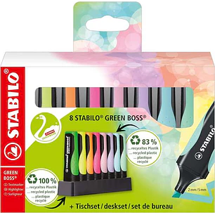 Stabilo Green Boss Set de Mesa de 8 Marcadores Fluorescentes - Fabricado con un 83% de Plastico Reciclado - Trazo entre 2 y 5mm - Recargable - Colores