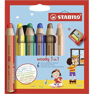 Stabilo Woody 3 en 1 Pack de 6 Lapices de Colores + Sacapuntas - Lapiz de Color, Cera y Acuarela, Todo en Uno - Mina XXL 10mm - Colores Surtidos