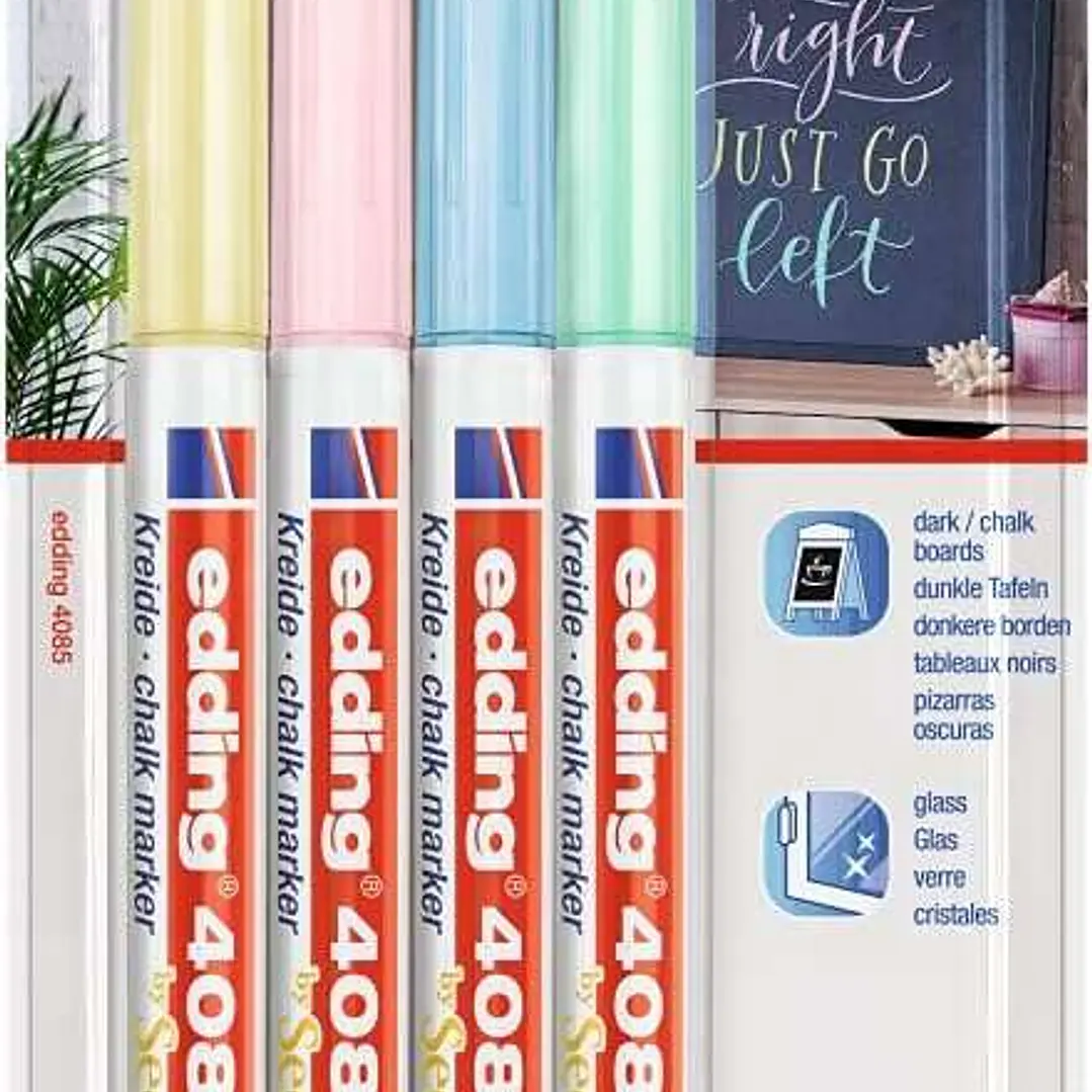 Edding 4085 Pastel Pack de 4 Rotuladores de Tiza Liquida - Punta Redonda - Trazo 1-3mm - Olor Neutro - Colores Azul, Verde, Amarillo y Rosa Pastel 1