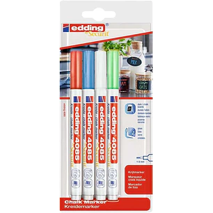 Edding 4085 Basicos Pack de 4 Rotuladores de Tiza Liquida - Punta Redonda - Trazo 1-3mm - Olor Neutro - Colores Blanco, Azul, Verde y Rojo