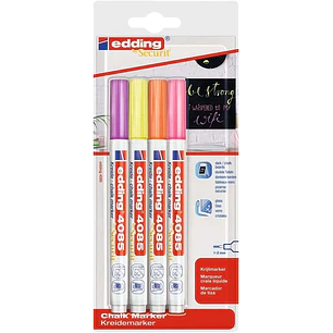 Edding 4085 Neon Pack de 4 Rotuladores de Tiza Liquida - Punta Redonda - Trazo 1-3mm - Olor Neutro - Colores Frambuesa, Amarillo, Naranja y Rosa Neon