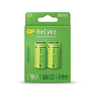 GP ReCyko Pack de 2 Pilas Recargables 3000mAh C 1.2V - Precargadas - Ciclo de Vida: Hasta 1000 Veces